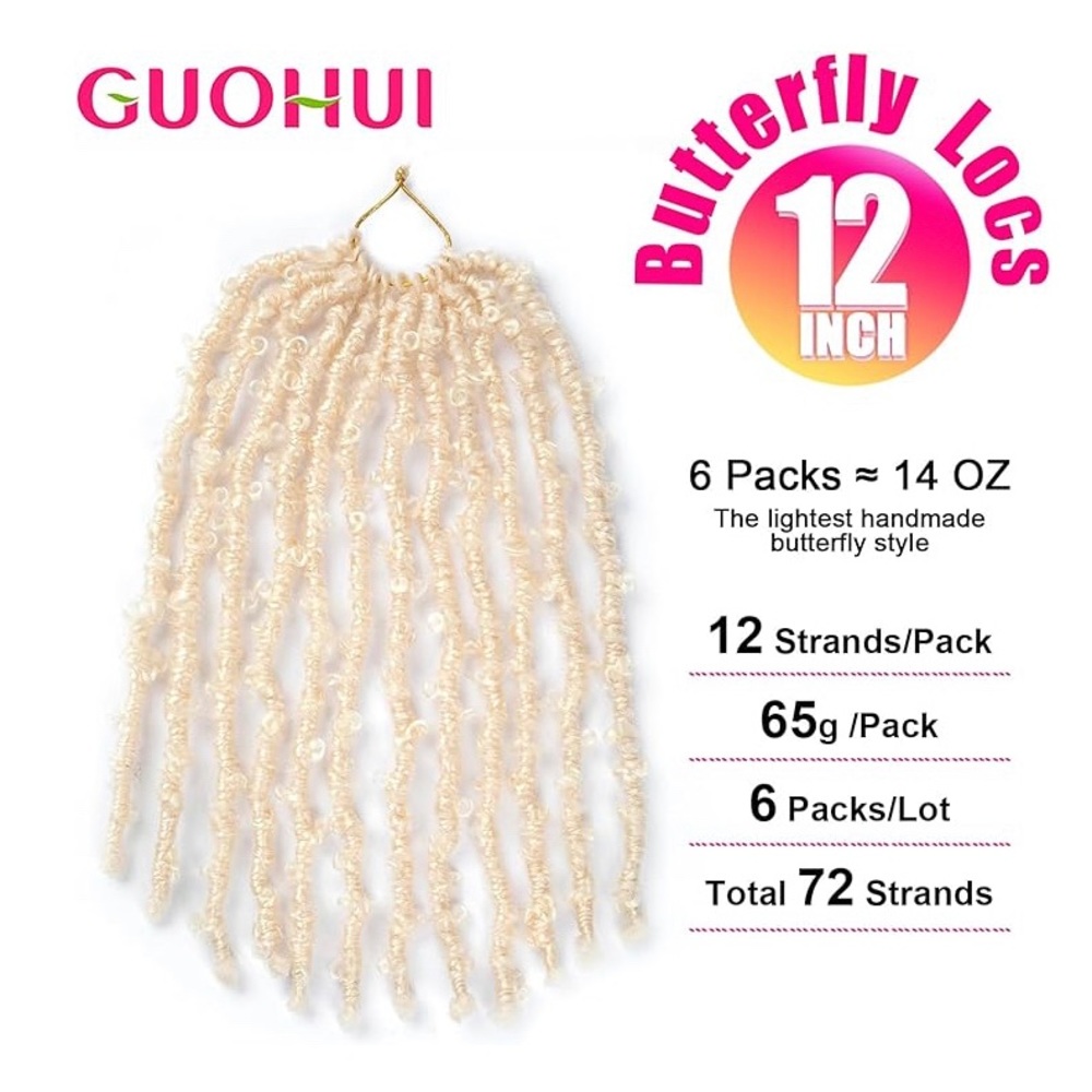 NIB***GUOHUI Super Light Butterfly Locs Crochet Hair 12” 6 Packs Pre-Looped